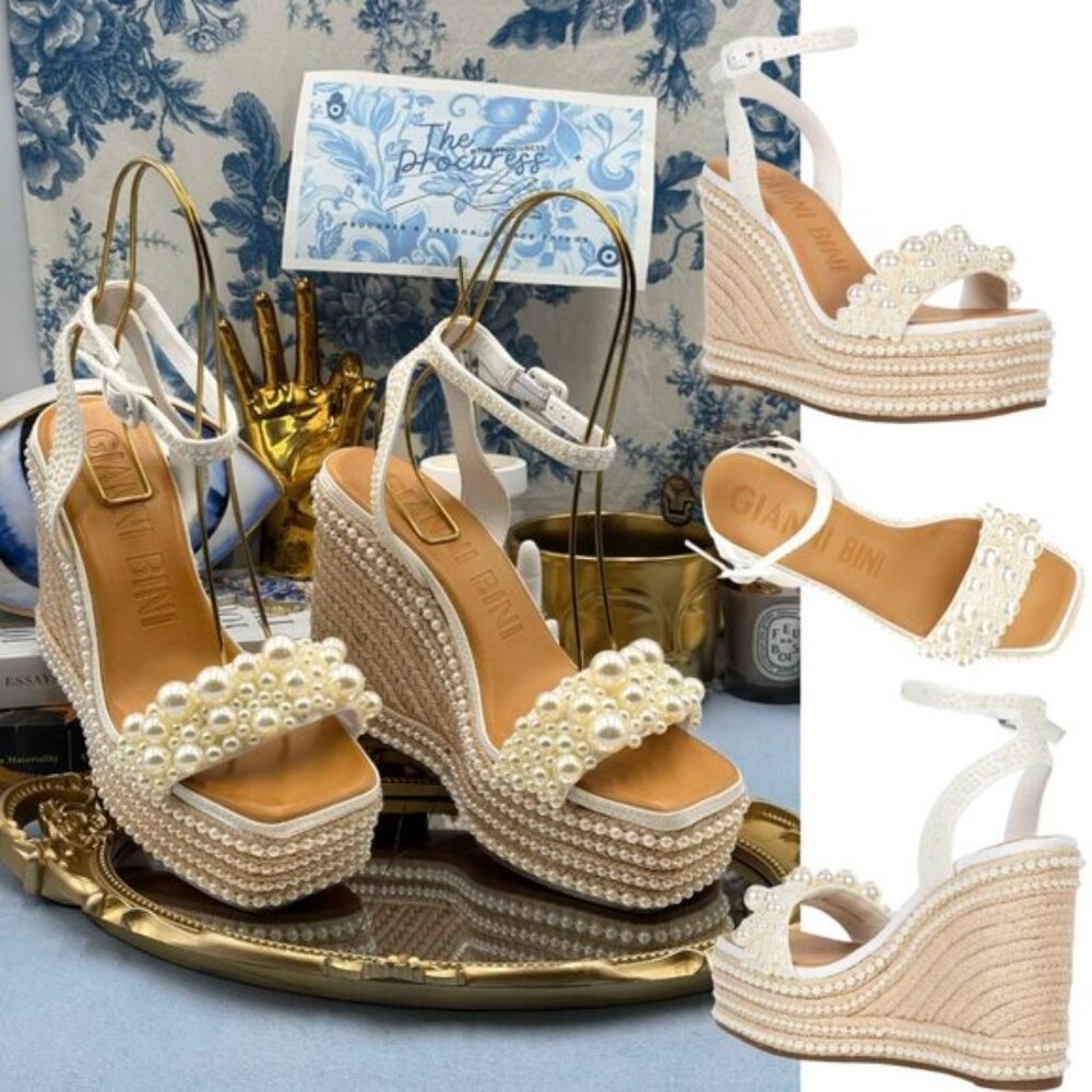 🆕 GIANNI BINI 🧿 NWOB Savanna Pearl Ornamented Platform Wedge Sandals, Sz 8